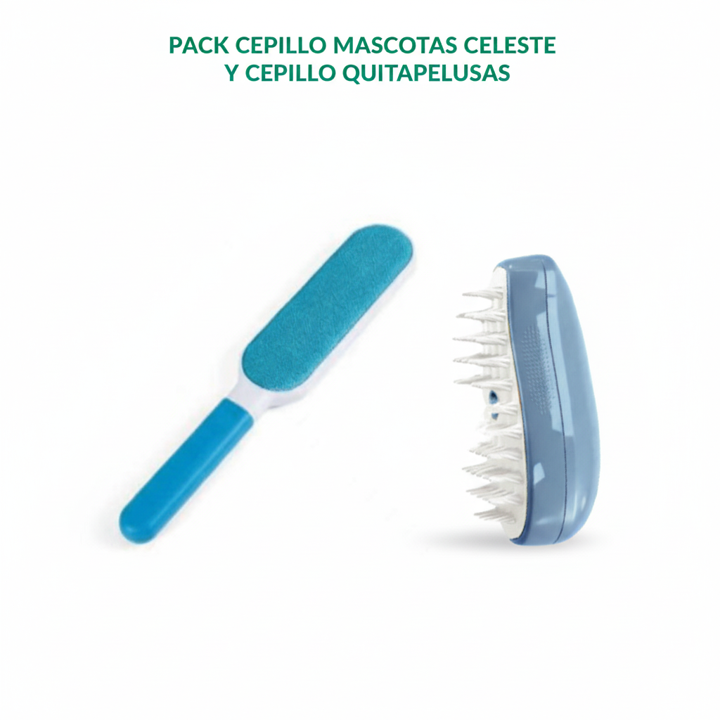 PACK CEPILLO MASCOTAS CELESTE Y CEPILLO QUITAPELUSAS